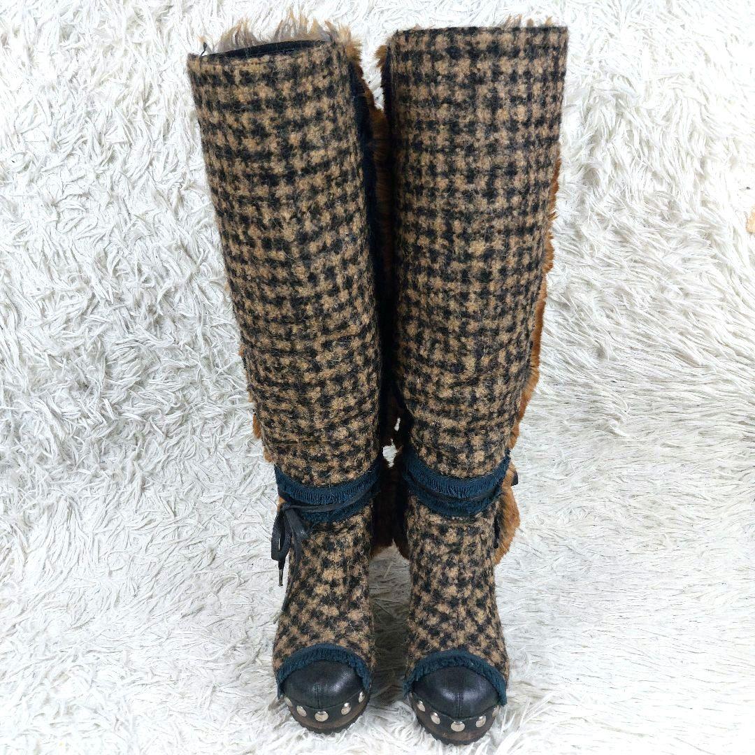 美品 定価17.5万 CHANEL ココマークツイード ファーレザーロングブーツ