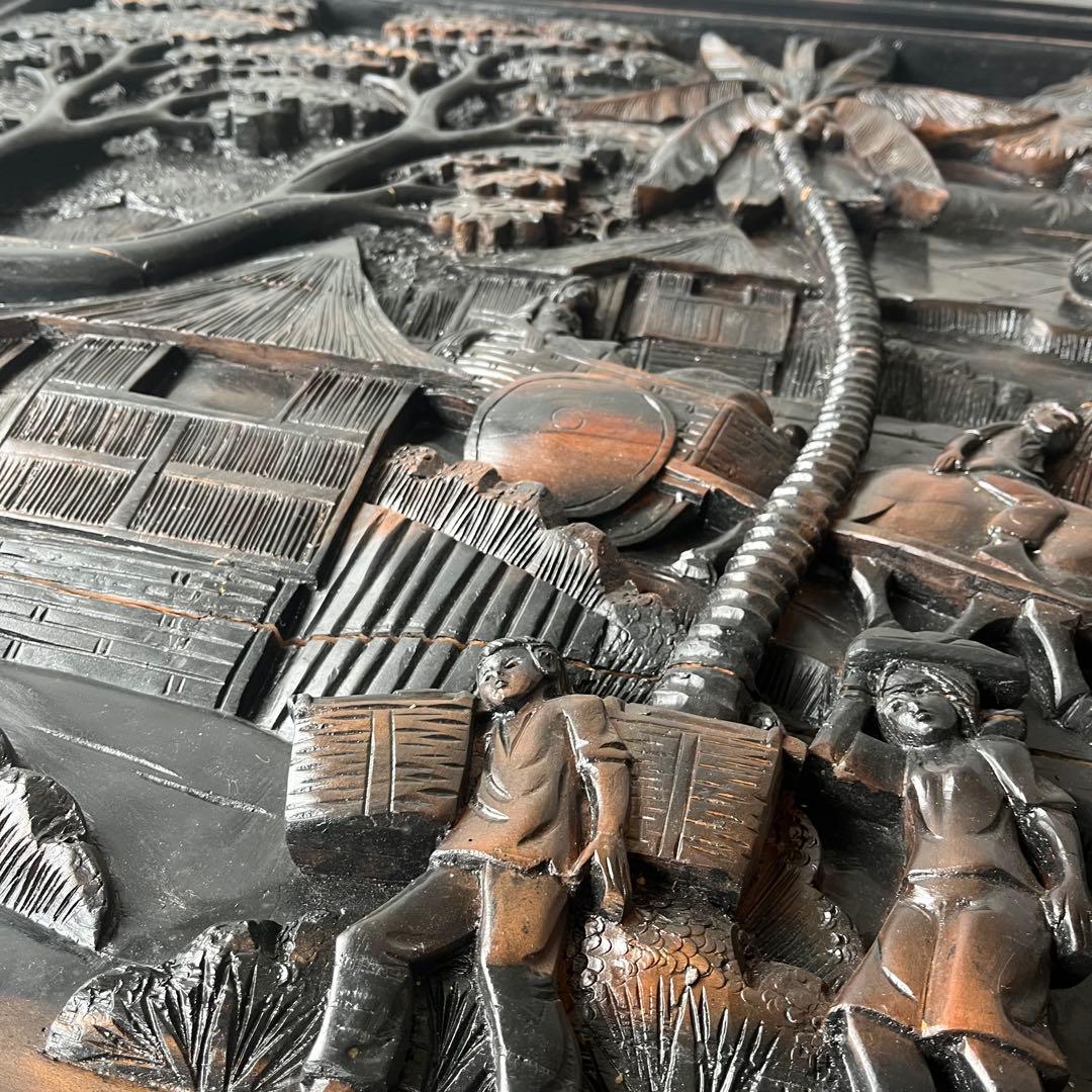 【アンティーク】黒檀？ 無垢材 木彫り センターテーブル 座卓 農村 古家具