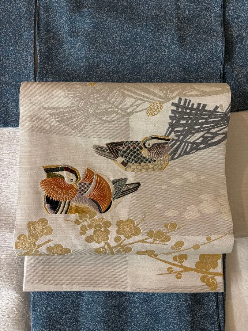 ま*ん様 人間国宝 羽田登喜夫「鴛鴦」　六通袋帯　落款入り