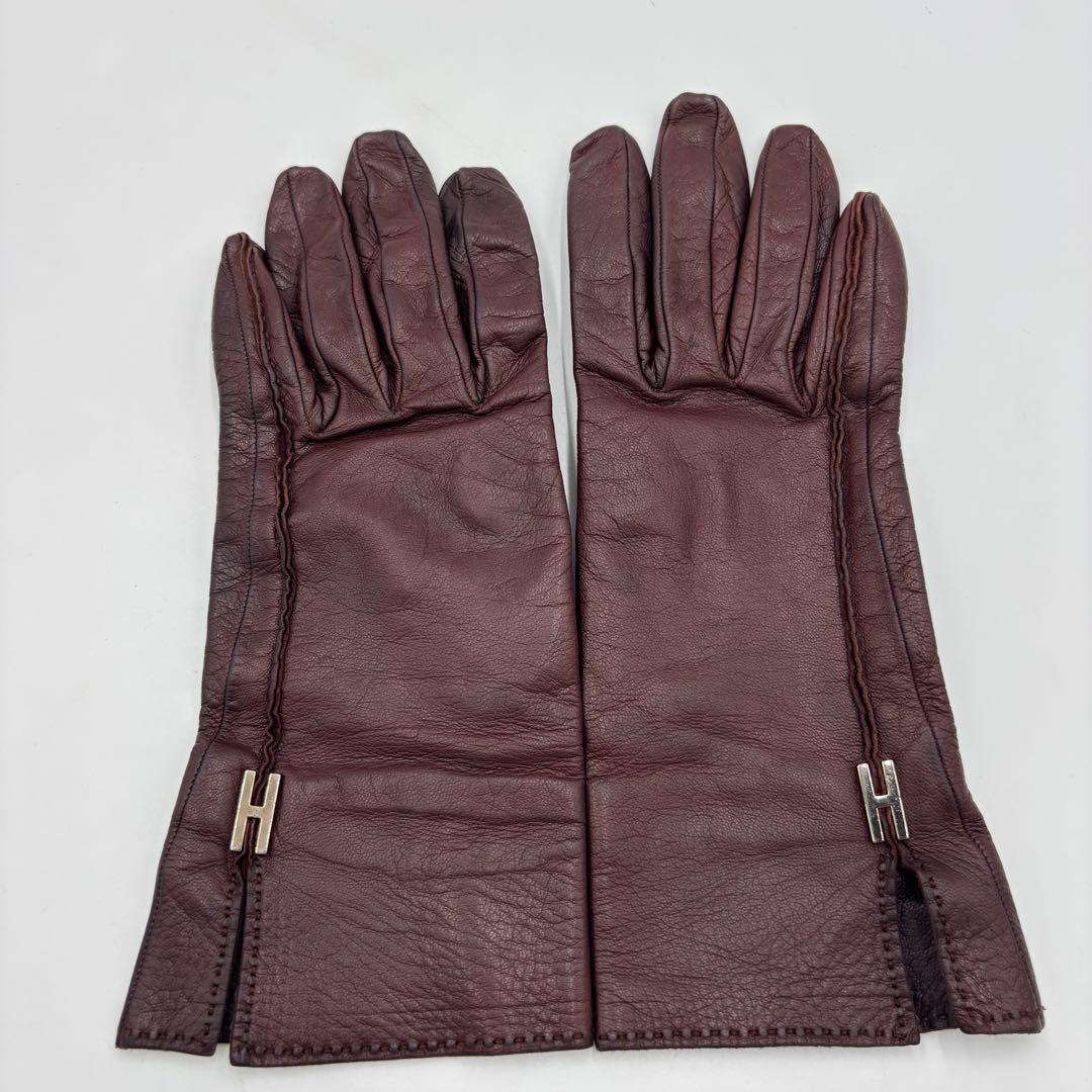 HERMES エルメス Hロゴモチーフ レザー グローブ 革手袋　ボルドー