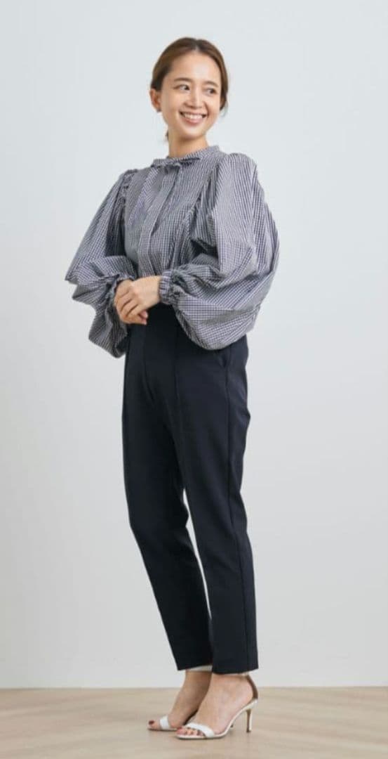 yori ヨリ リボンパフスリーブ ブラウス ネイビー ギンガムチェック