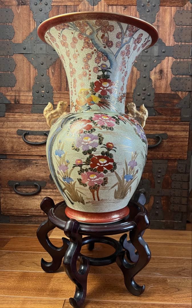 薩摩焼 壺 大型 双耳花瓶 飾壺 獅子耳 花柄 金彩 両耳付 花瓶