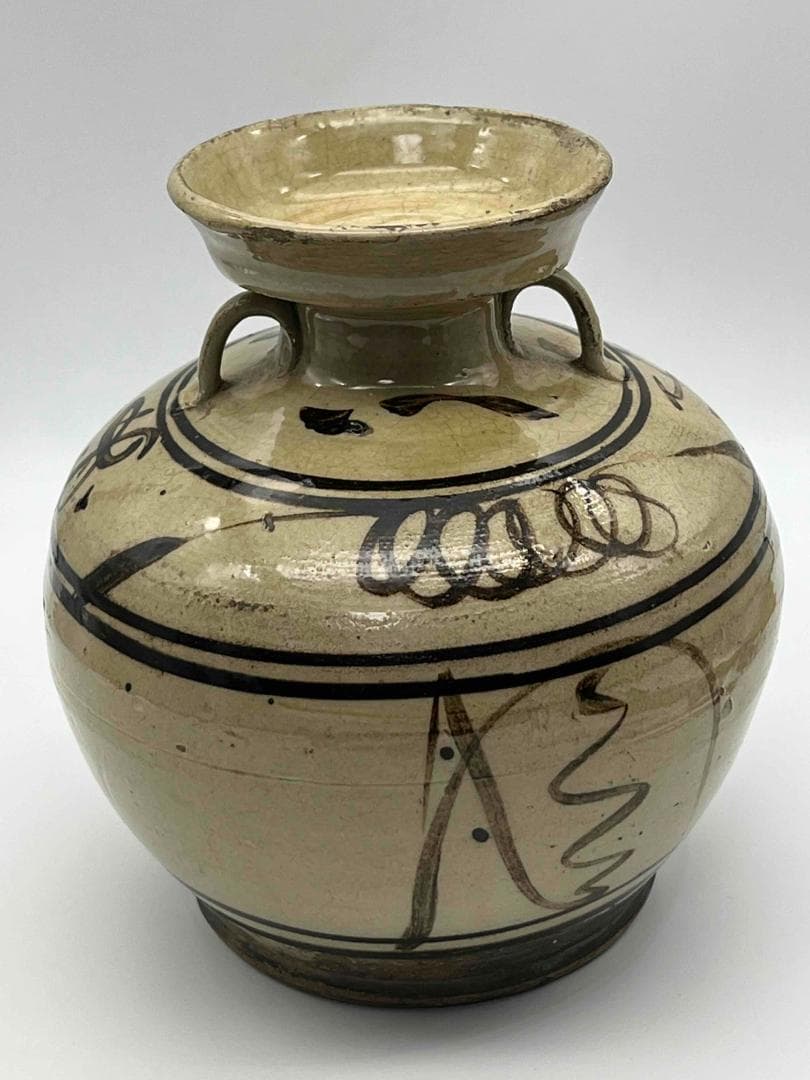 宋時代　磁州窯双耳盤口壺　茶道具　唐物　古物　時代物(E-73)