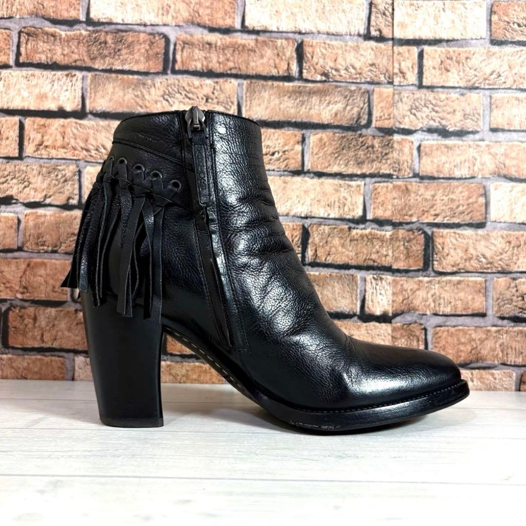 美品■サルトル■ショートブーツ✨サイドジップ フリンジ 本革 チャンキーヒール