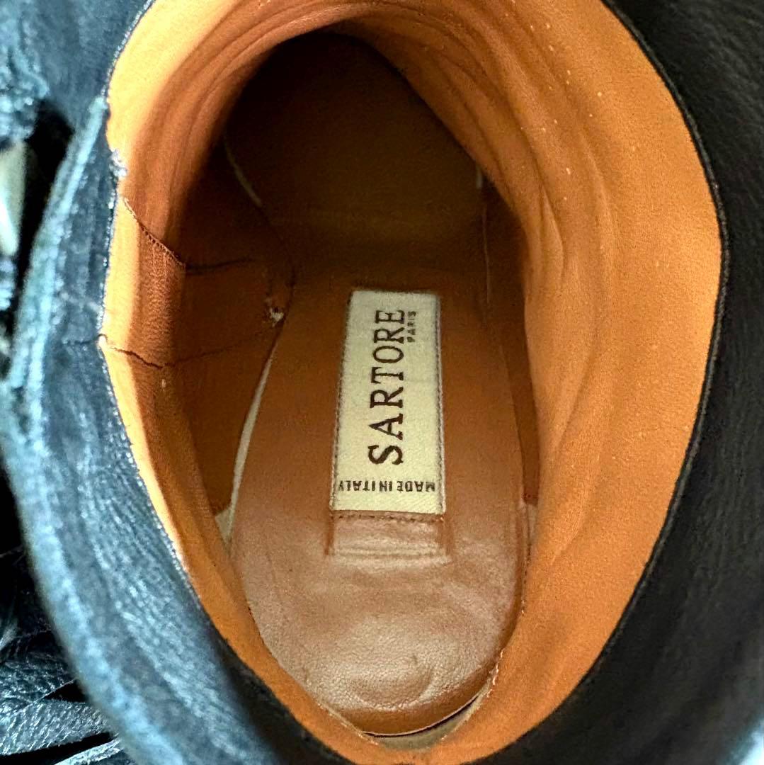 美品■サルトル■ショートブーツ✨サイドジップ フリンジ 本革 チャンキーヒール