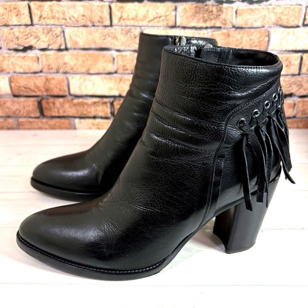 美品■サルトル■ショートブーツ✨サイドジップ フリンジ 本革 チャンキーヒール