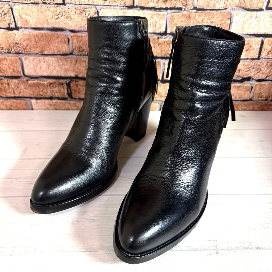 美品■サルトル■ショートブーツ✨サイドジップ フリンジ 本革 チャンキーヒール