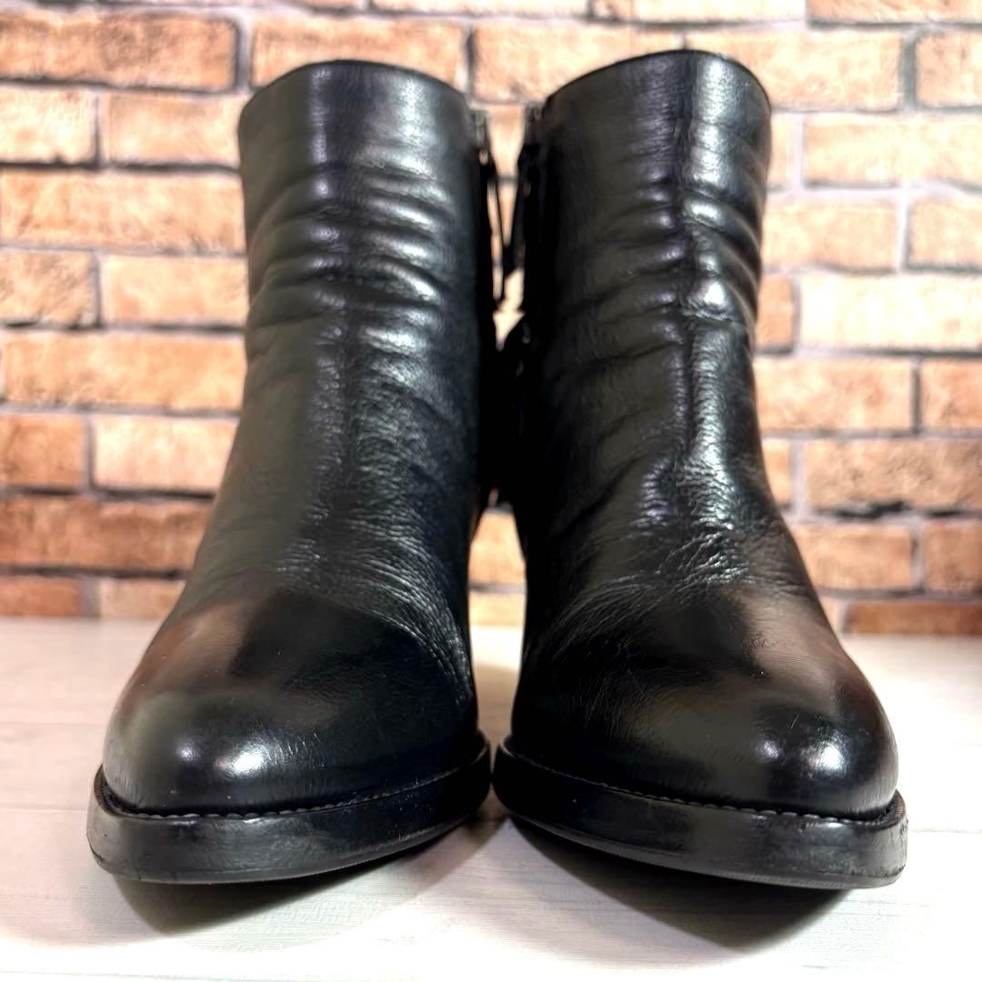 美品■サルトル■ショートブーツ✨サイドジップ フリンジ 本革 チャンキーヒール