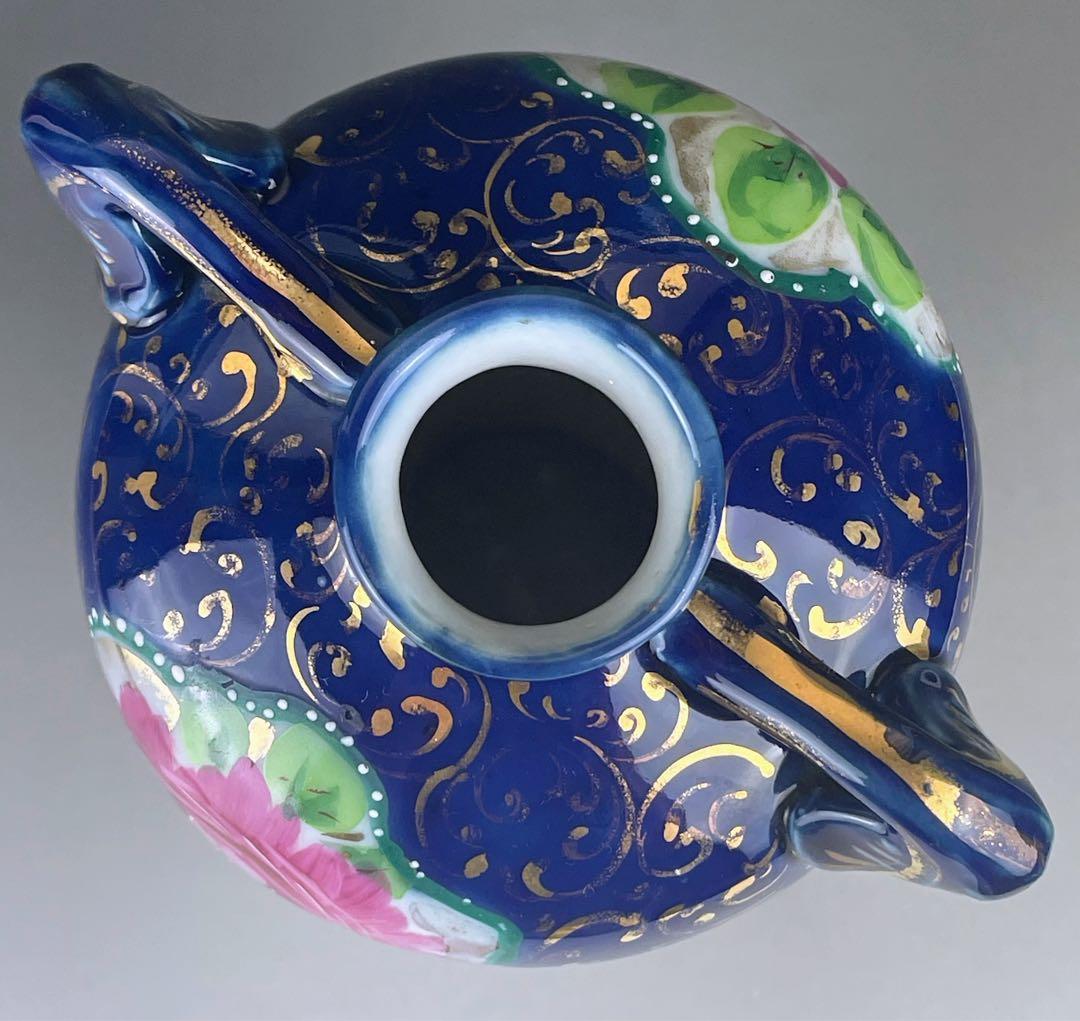 【希少】オールドニッポン 約２２．５cm アールヌーボー薔薇紋金盛りコバルト花瓶