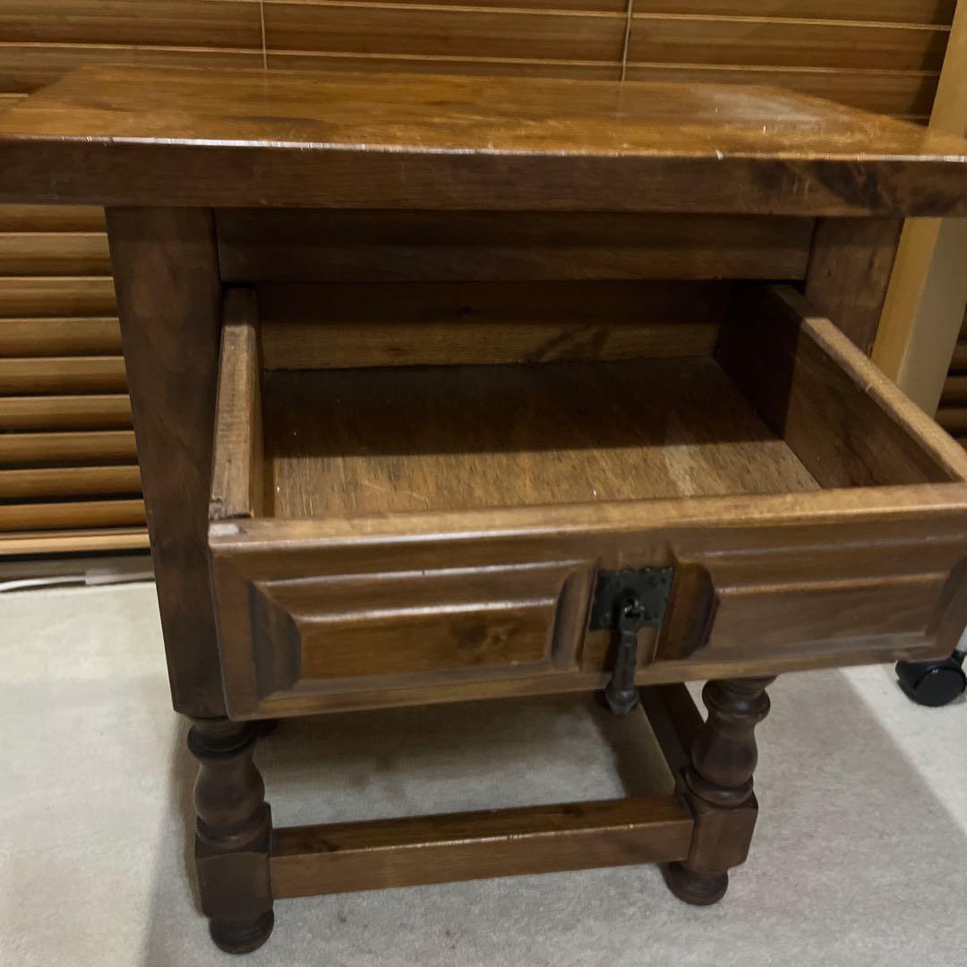 【ビンテージ】ダークブラウン 木製 サイドテーブル 2段 引き出し アイアン