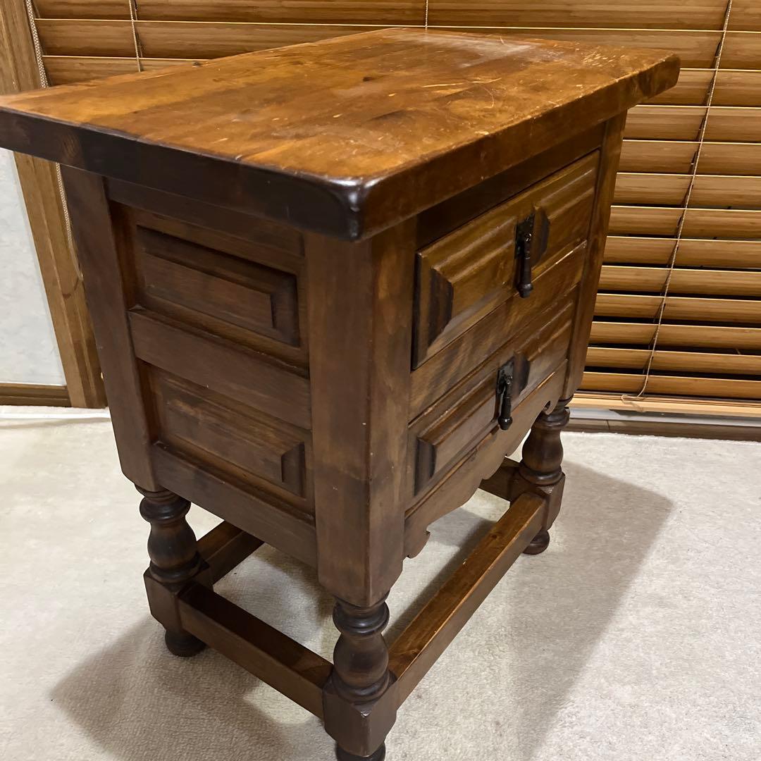 【ビンテージ】ダークブラウン 木製 サイドテーブル 2段 引き出し アイアン