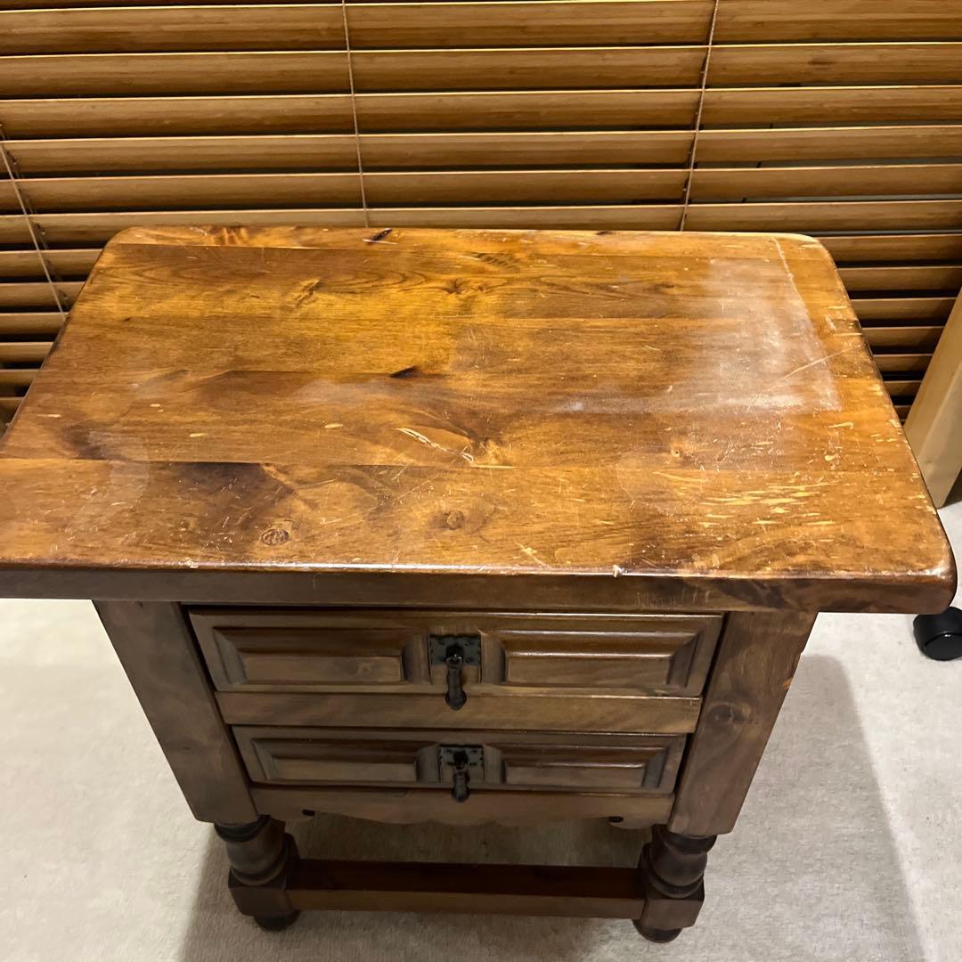 【ビンテージ】ダークブラウン 木製 サイドテーブル 2段 引き出し アイアン