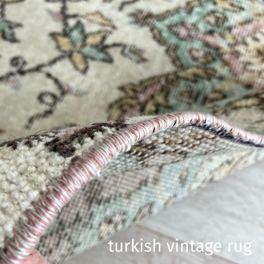 ペパーミントグリーン　ピンクベージュ73×222ランナー　トルコヴィンテージラグ