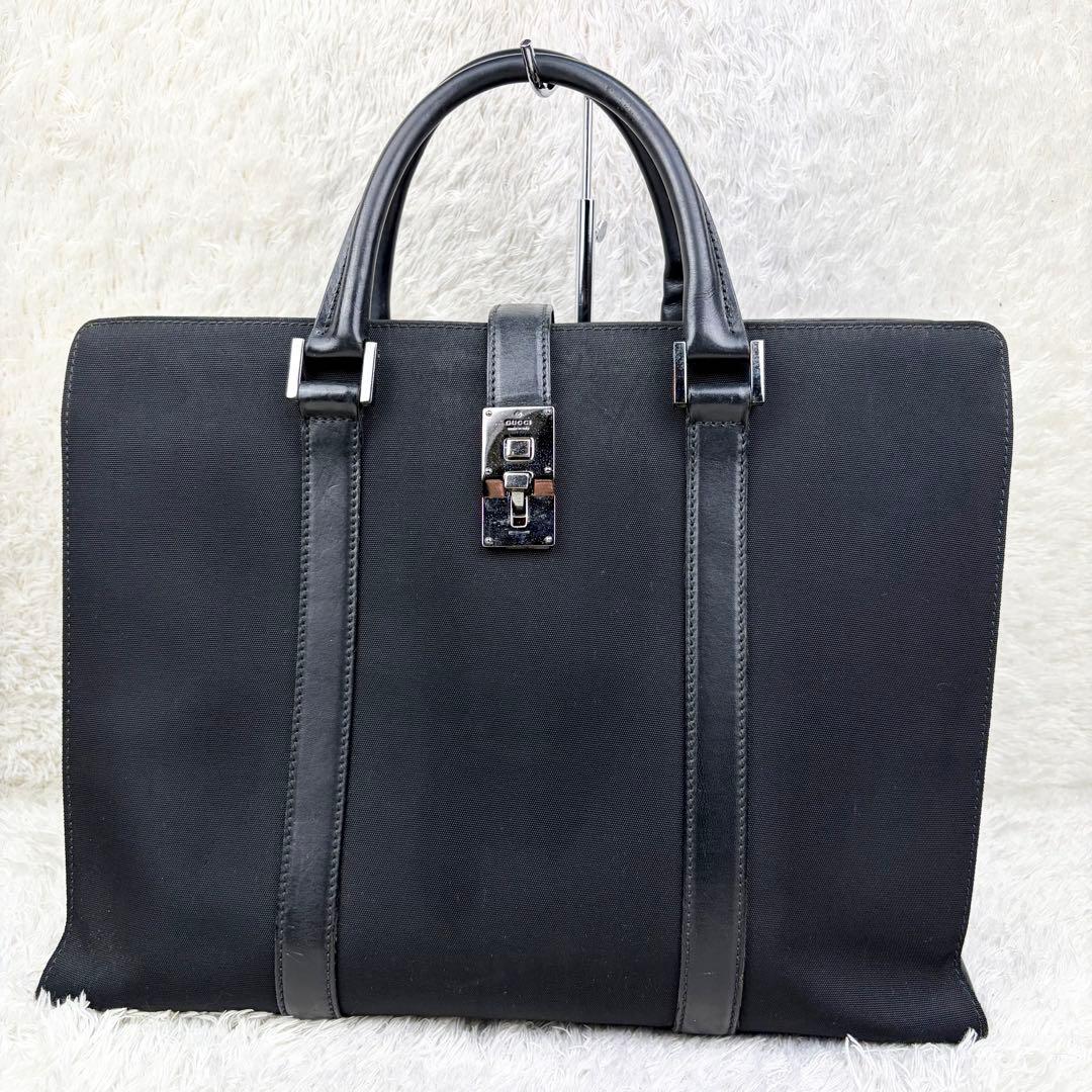 【美品】GUCCI グッチ ビジネスバッグ ロゴ金具 レザー×ナイロン ブラック