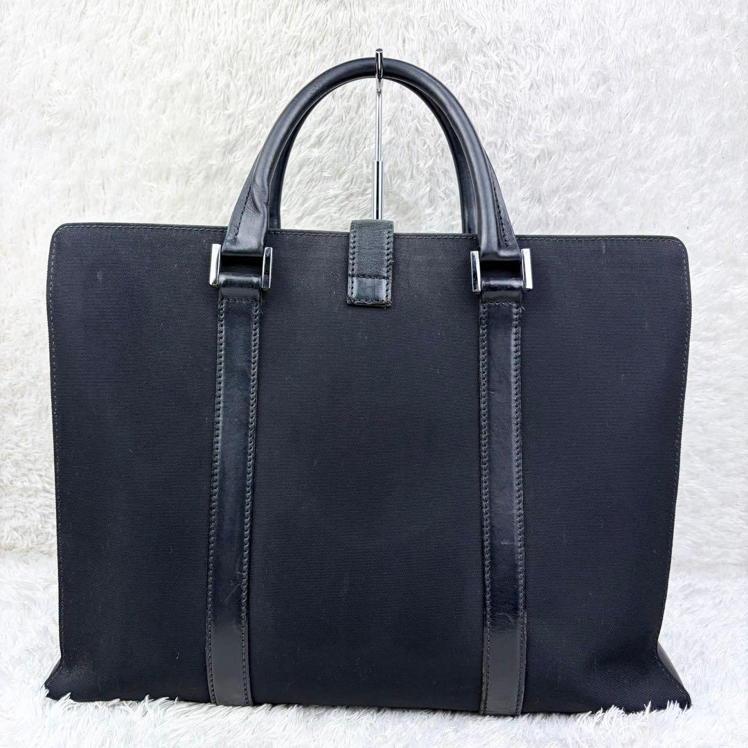 【美品】GUCCI グッチ ビジネスバッグ ロゴ金具 レザー×ナイロン ブラック