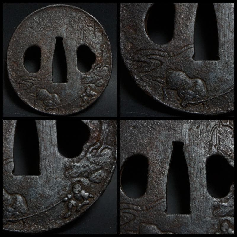江戸期 古鍔 鉄製 金工細工『人物物語文』鍔 / 刀装具☆時代物☆