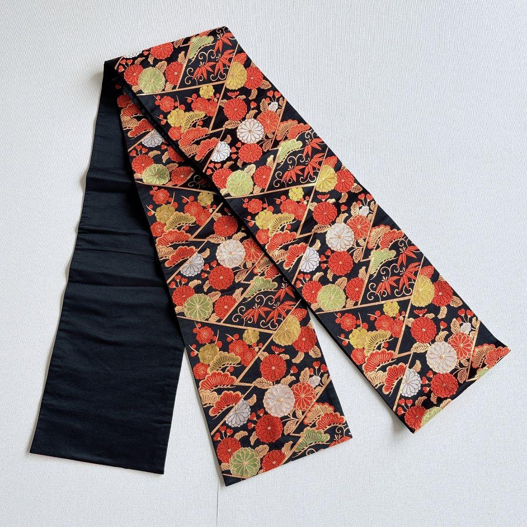 七五三　７歳女の子　オレンジ地　比翼仕立　刺繍金銀　花御所車未使用袋帯　7295