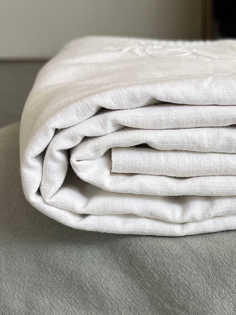 ◆フランスアンティーク｜美品手刺繍イニシャル大判リネンシーツ白マルチクロス布生地