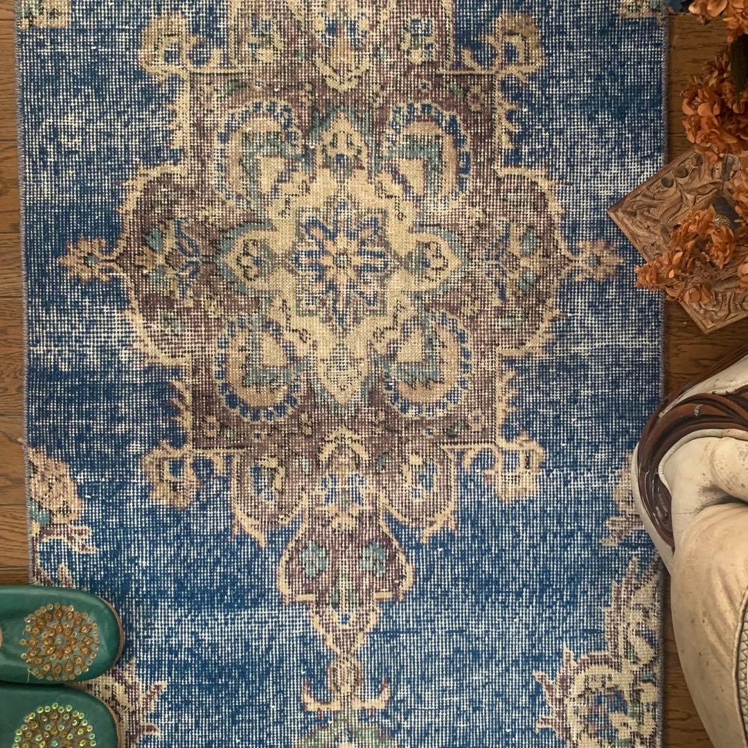 トルコヴィンテージラグ　ロングランナー　220×72.5 ネイビーブルー