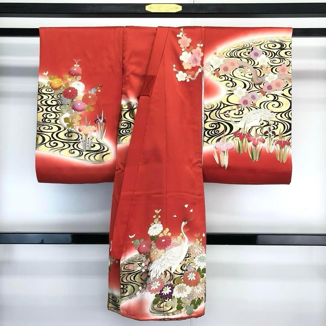 子供着物 襦袢付 女の子 一つ身 お宮参り 鶴 花柄 金彩 赤色 X-1003