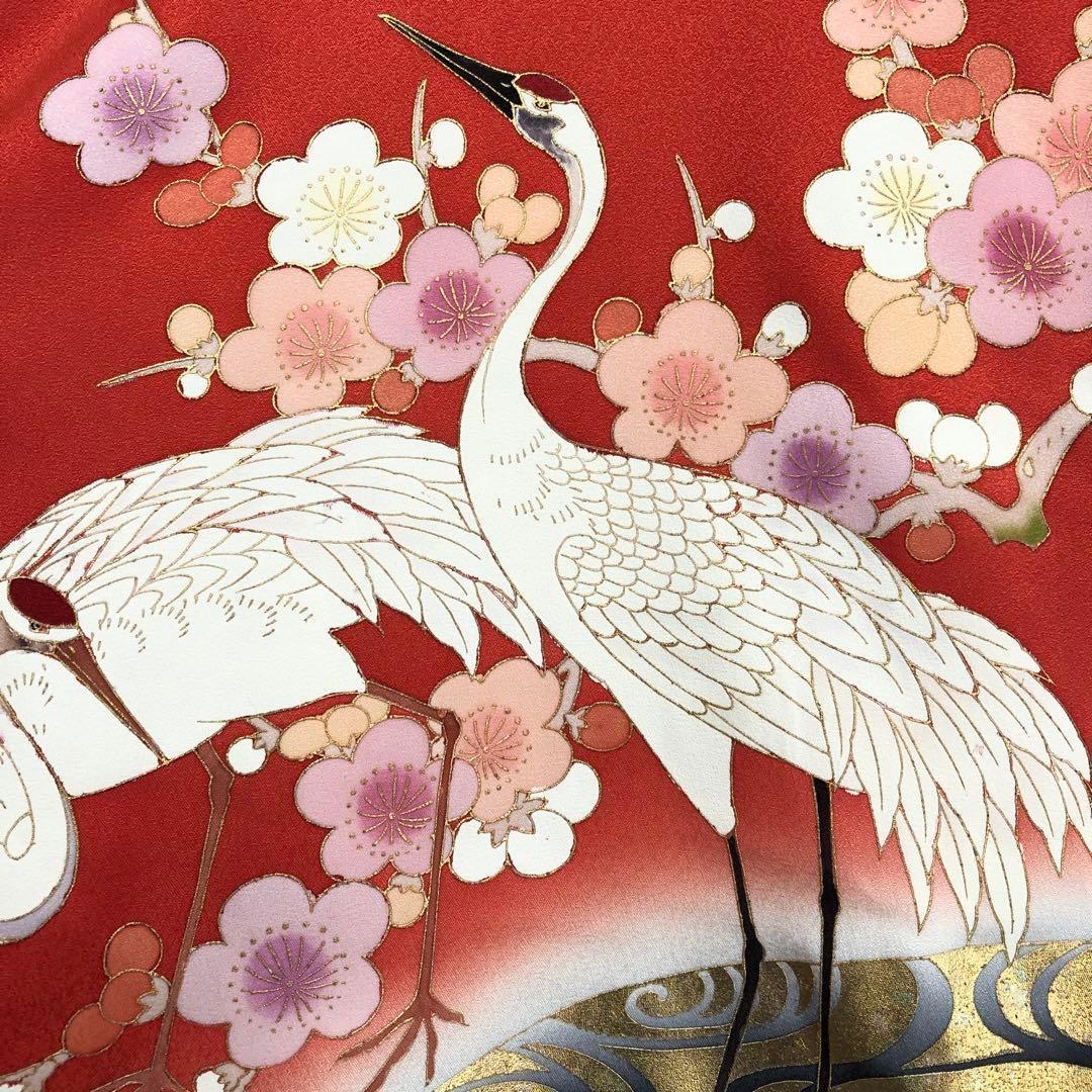 子供着物 襦袢付 女の子 一つ身 お宮参り 鶴 花柄 金彩 赤色 X-1003