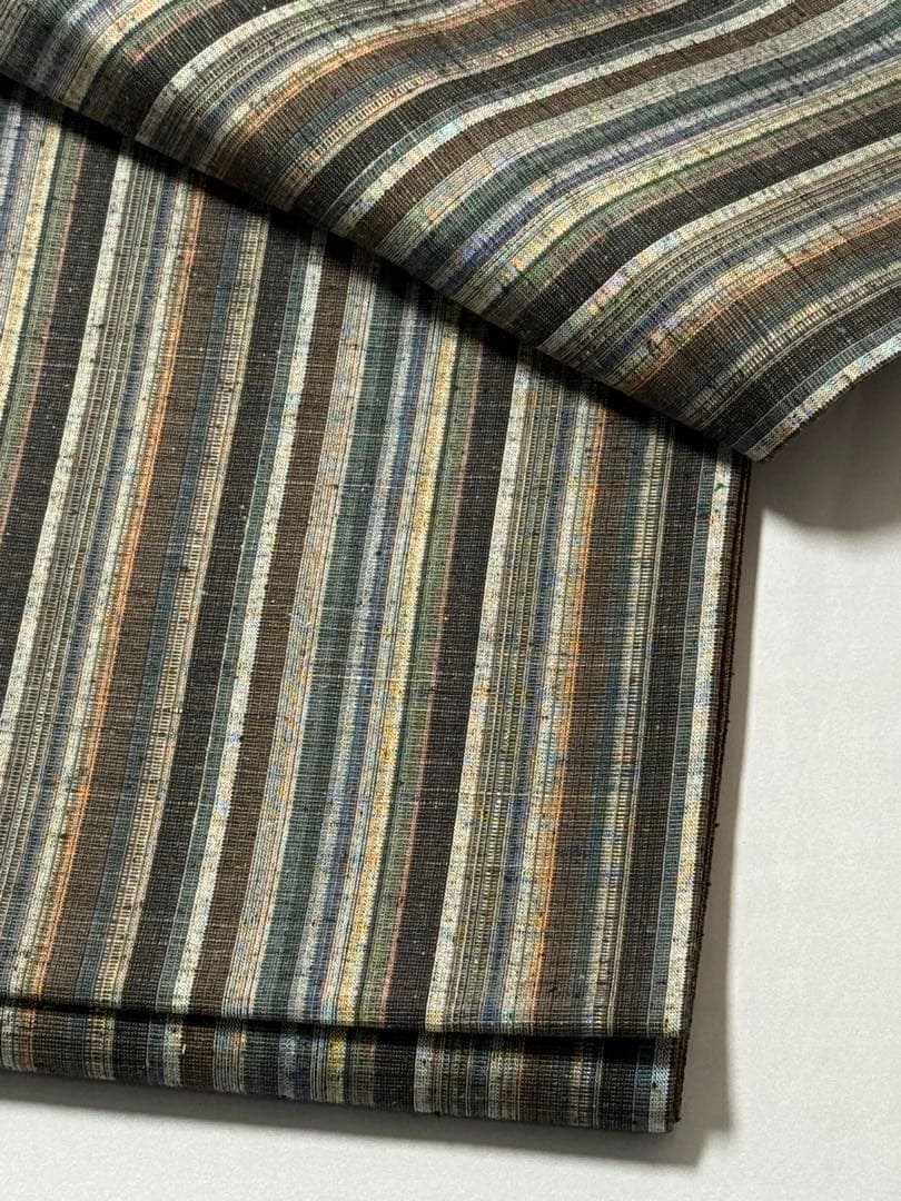 [美品] 紬織　袋帯　正絹　縞　洒落帯　カジュアル　小紋　紬　無地　街着　灰色