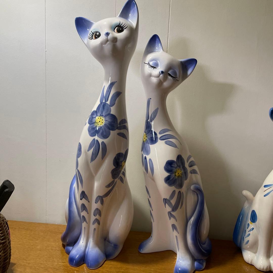 猫の置物　陶器　大小４個セット　昭和レトロ