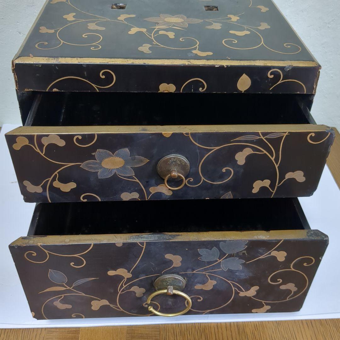 漆鏡箱　鉄線紋様　漆塗り小引き出し　レトロ