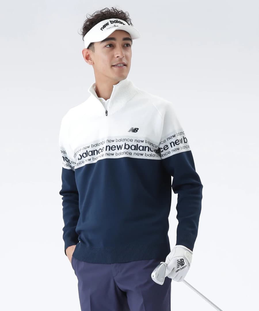 NewBalance ロゴライン軽量ハーフジップ スタンド ニット プルオーバー