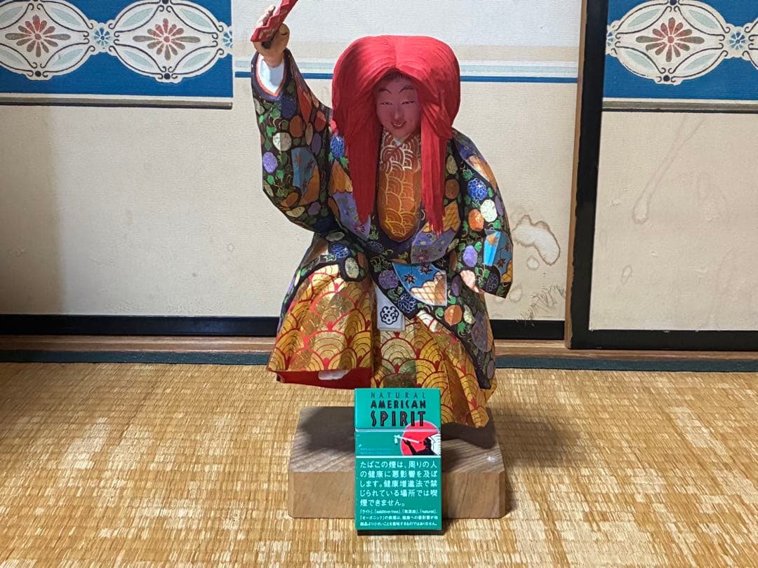 木製 木彫り 彫刻 【池田 秀鳳】伝統的 歌舞伎 赤い髪 人形 在印 共箱