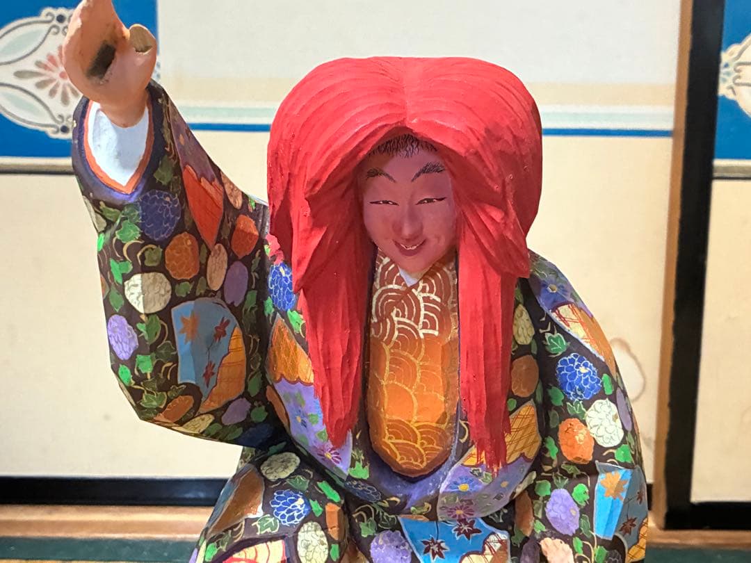 木製 木彫り 彫刻 【池田 秀鳳】伝統的 歌舞伎 赤い髪 人形 在印 共箱