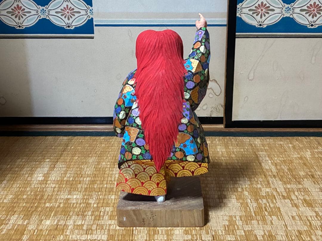 木製 木彫り 彫刻 【池田 秀鳳】伝統的 歌舞伎 赤い髪 人形 在印 共箱