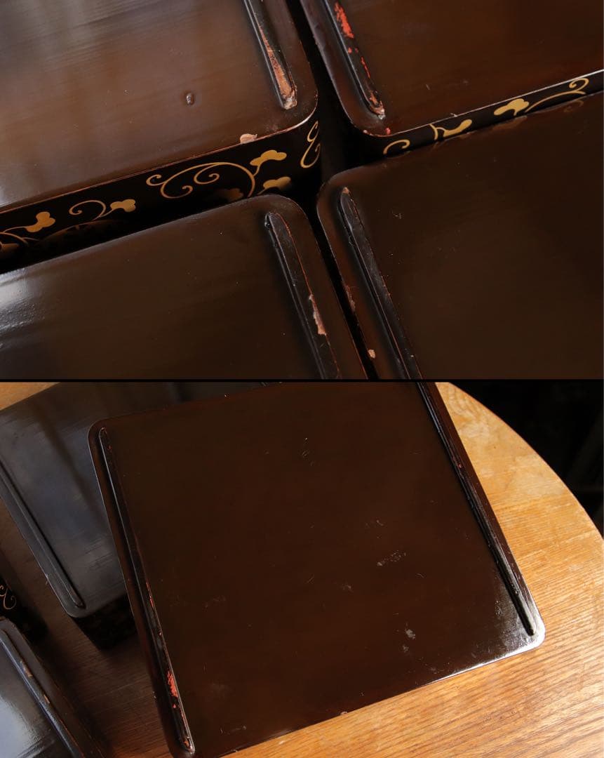 井上鷹の羽家紋　野弁当一式　時代漆芸　漆塗　金蒔絵　唐草　木製　提重