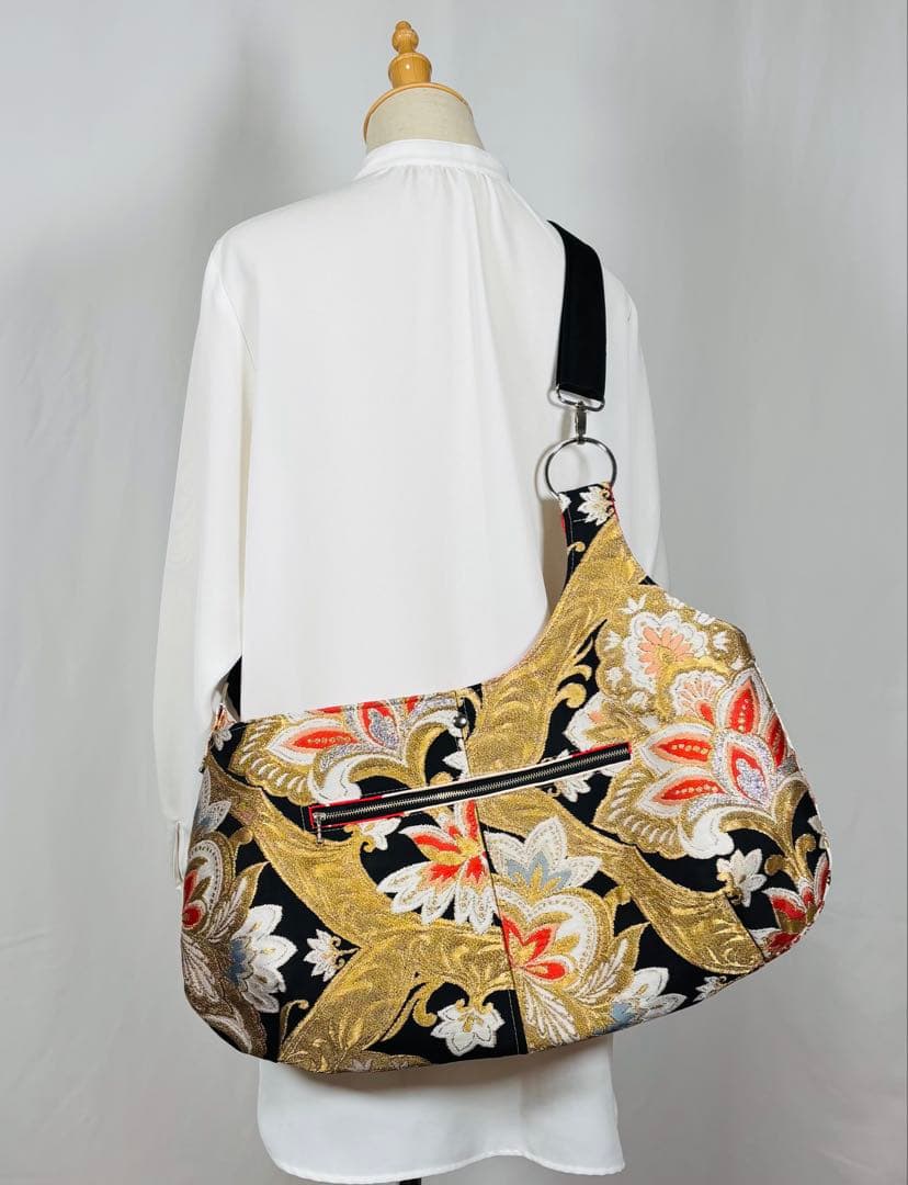 帯バッグリメイク　773番アシンメトリーBIGリバーシブル(肩あて飾り付き)