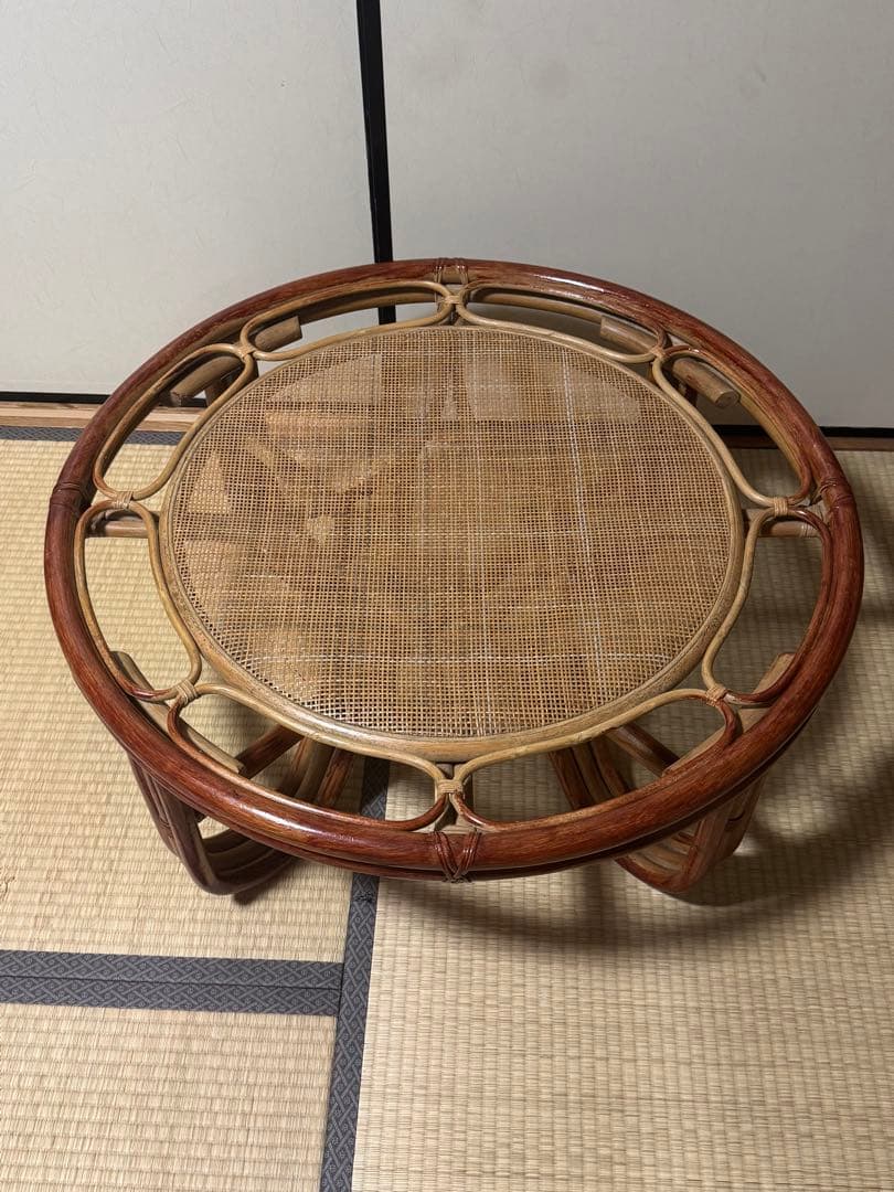昭和レトロ　ラタン ガラステーブル 籐 　座卓　円卓　ヴィンテージ おしゃれ