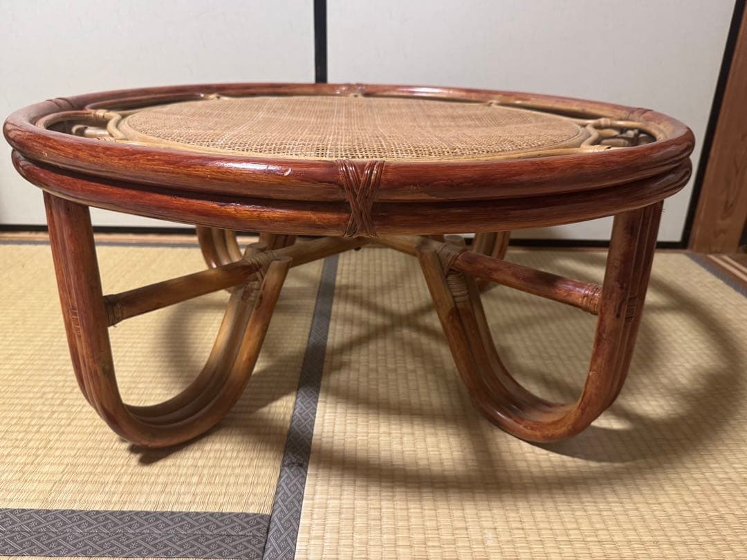 昭和レトロ　ラタン ガラステーブル 籐 　座卓　円卓　ヴィンテージ おしゃれ