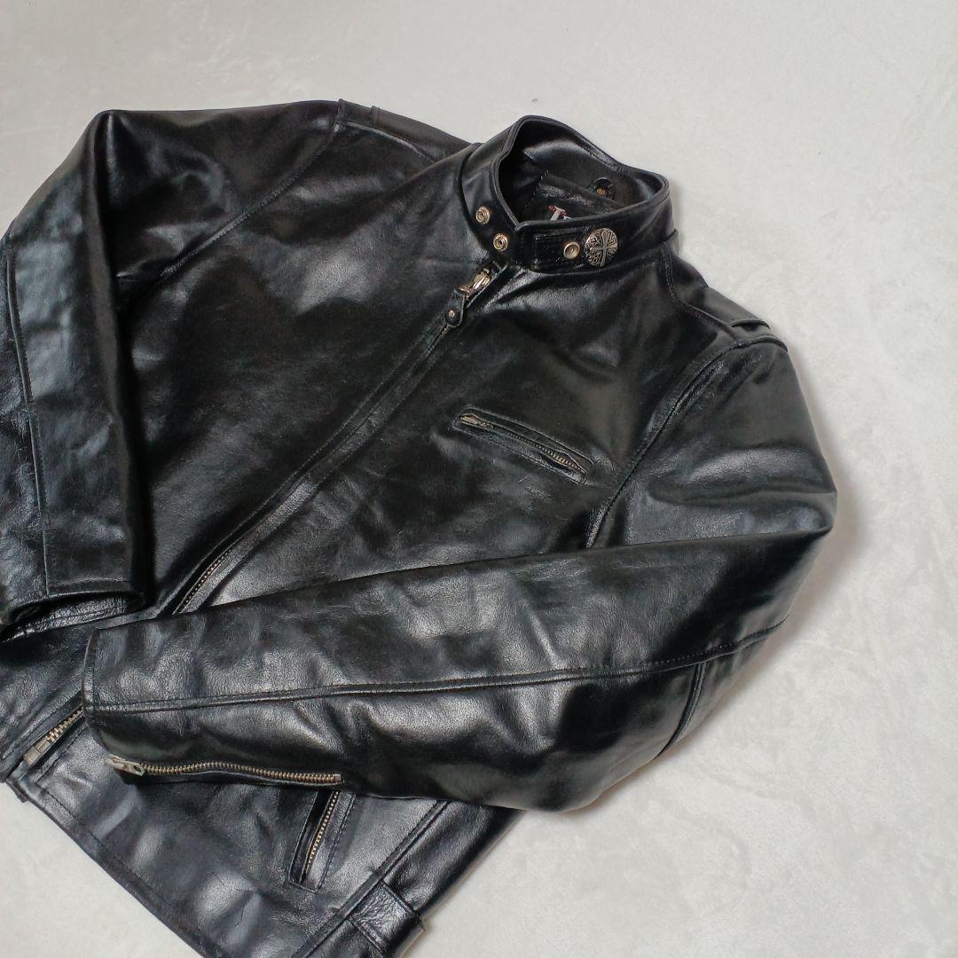 シングルライダースジャケット 襟飾　レザー革ジャン 黒　 Lサイズ