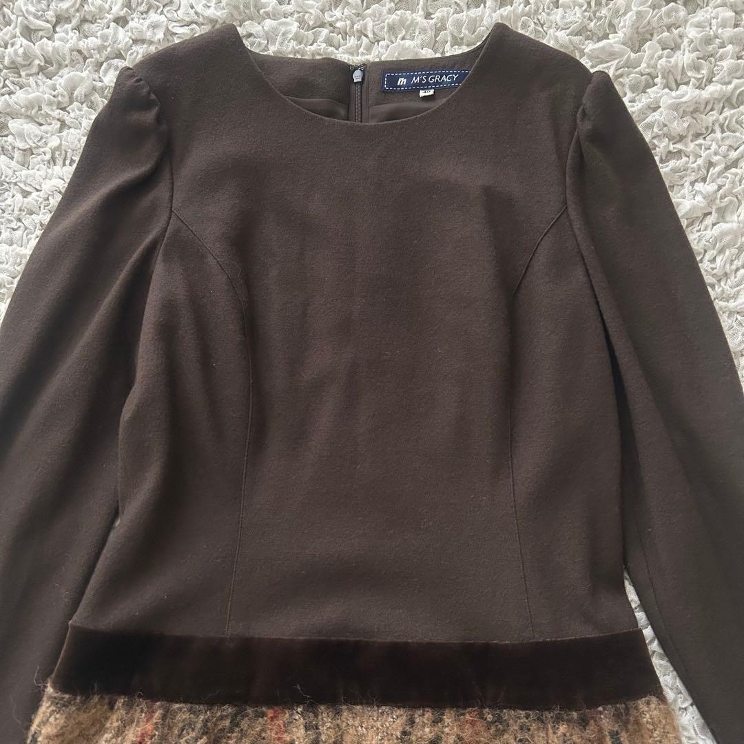 エムズグレイシー ドッキングワンピース L チェック柄 ベロア ブラウン 茶色