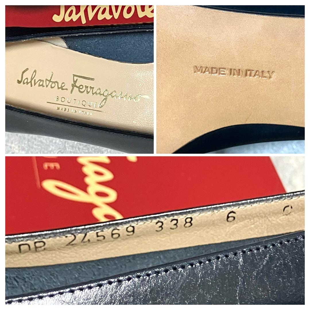 フェラガモ［パンプス］ヴァラ　ネイビー　レザー　ヒール　ゴールド　6C