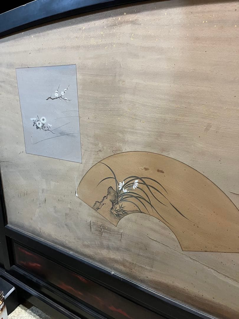 衝立、彫刻衝立、水彩絵衝立、明治時代衝立、木彫り衝立、鶏と竹とすずめ