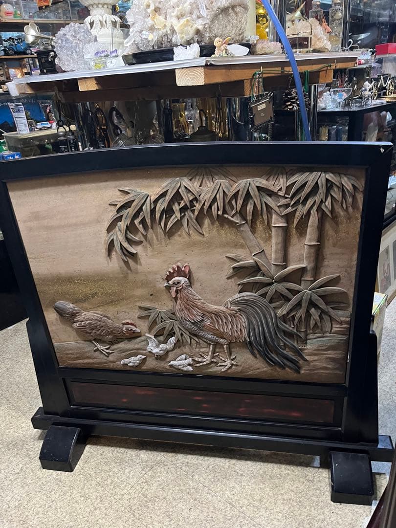 衝立、彫刻衝立、水彩絵衝立、明治時代衝立、木彫り衝立、鶏と竹とすずめ
