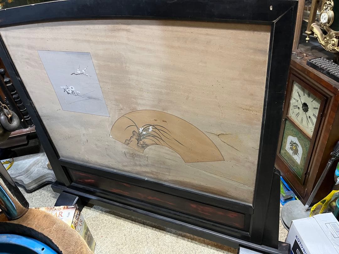 衝立、彫刻衝立、水彩絵衝立、明治時代衝立、木彫り衝立、鶏と竹とすずめ