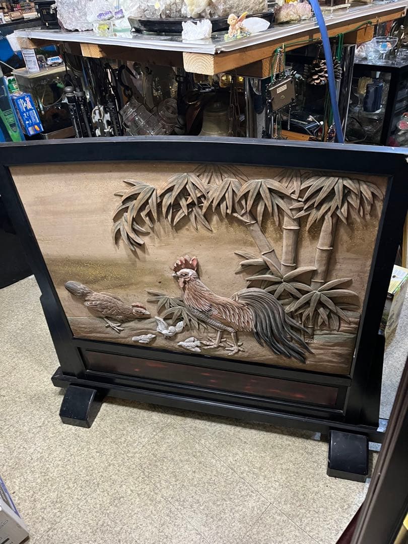 衝立、彫刻衝立、水彩絵衝立、明治時代衝立、木彫り衝立、鶏と竹とすずめ