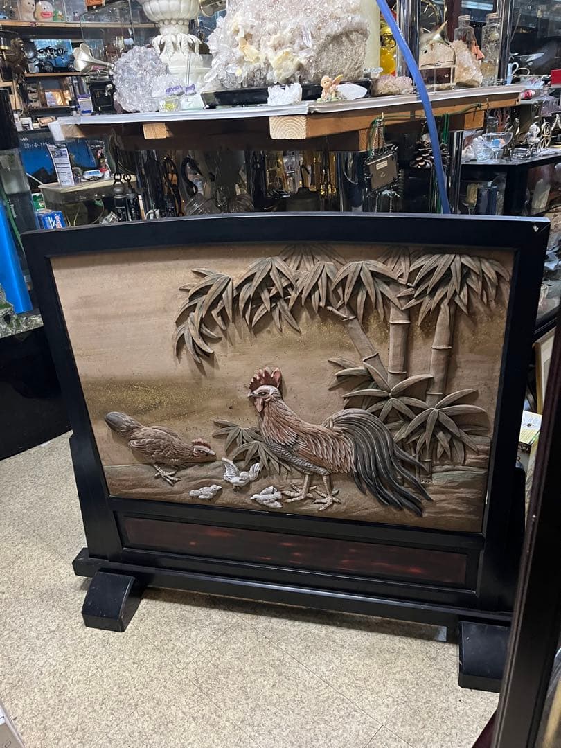 衝立、彫刻衝立、水彩絵衝立、明治時代衝立、木彫り衝立、鶏と竹とすずめ