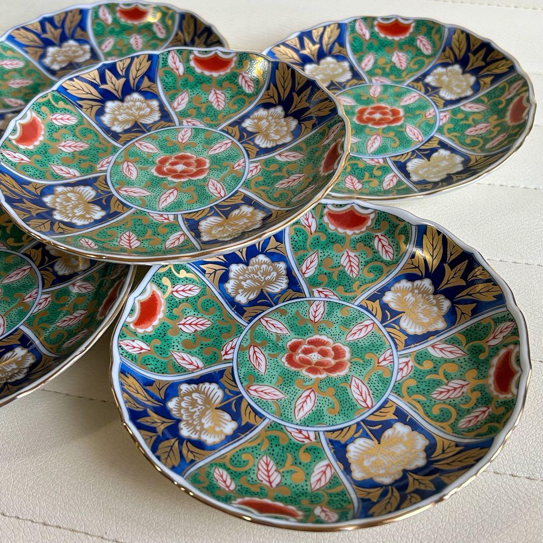 前畑　庫山窯　緑金唐草　銘々皿揃　5枚セット　取り皿　金彩色絵　金襴手　小皿