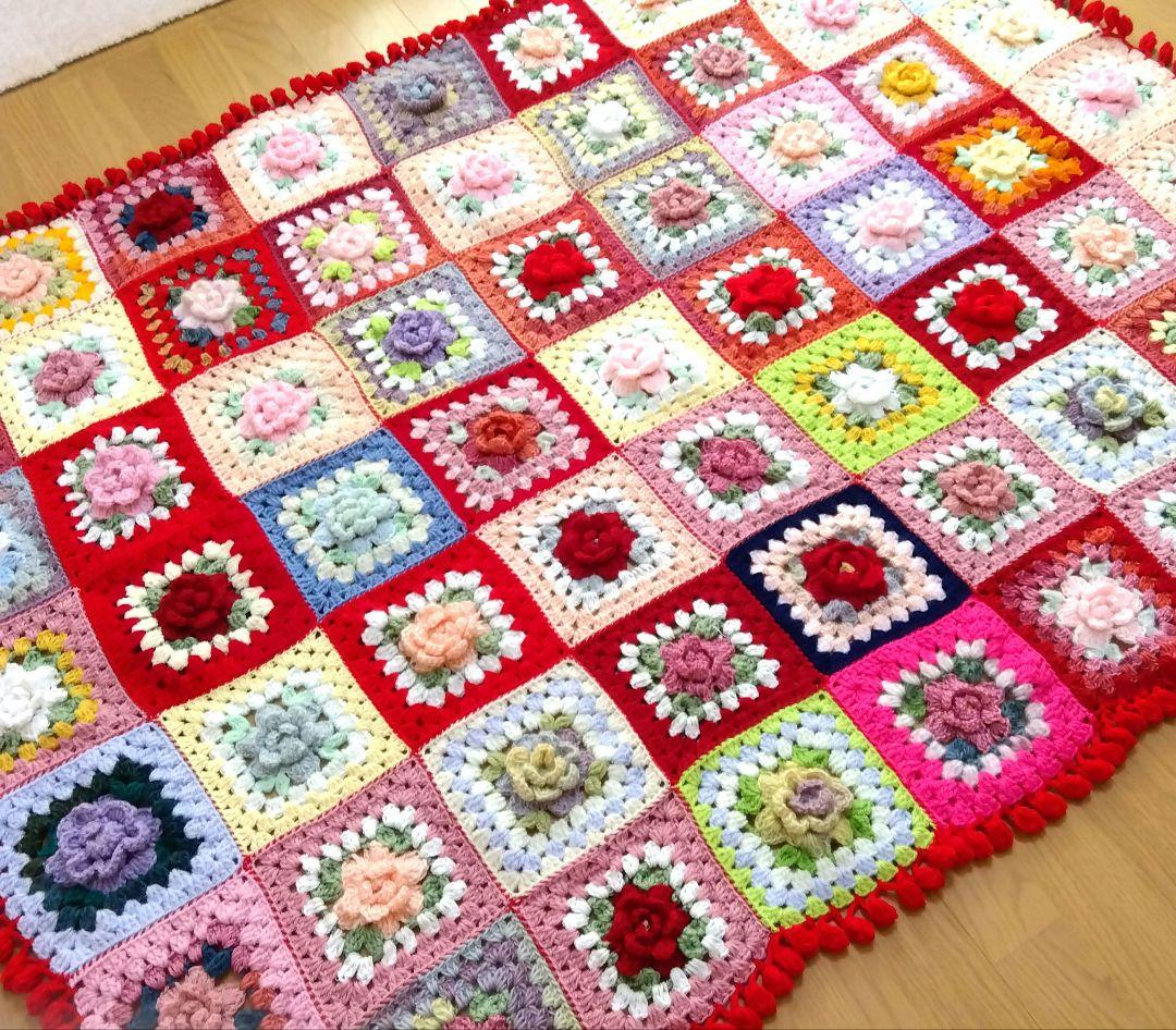 ブランケット ベットカバーカラフルなお花のグラニースクエア