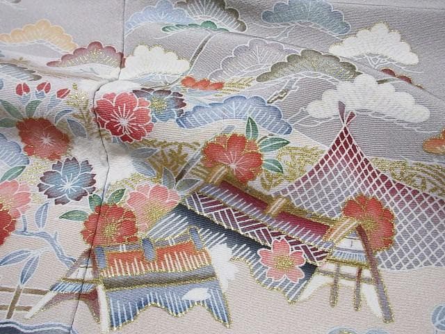 訪問着：美品-花と水流とオシドリと民家：高級品グレー：袷正絹：N88