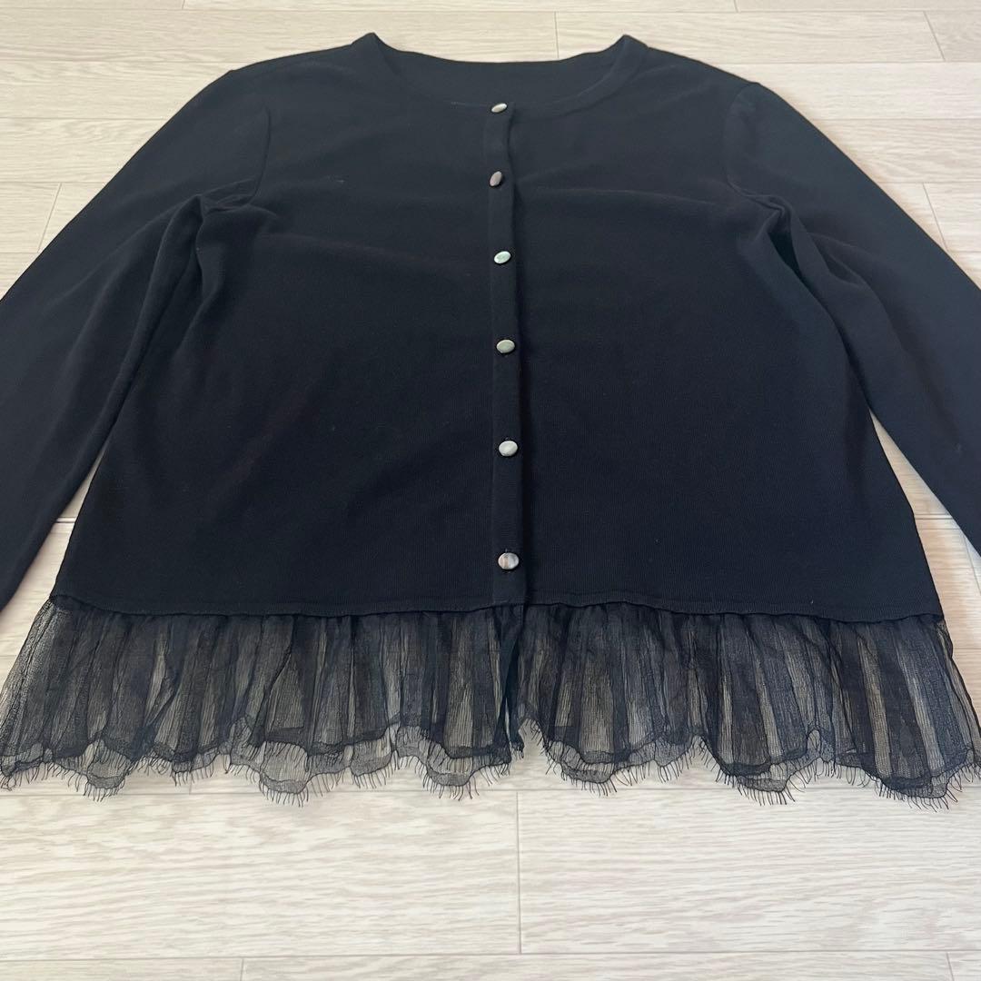 【極美品】フォクシー レース切替 ニット カーディガン コットン 黒 サイズ40