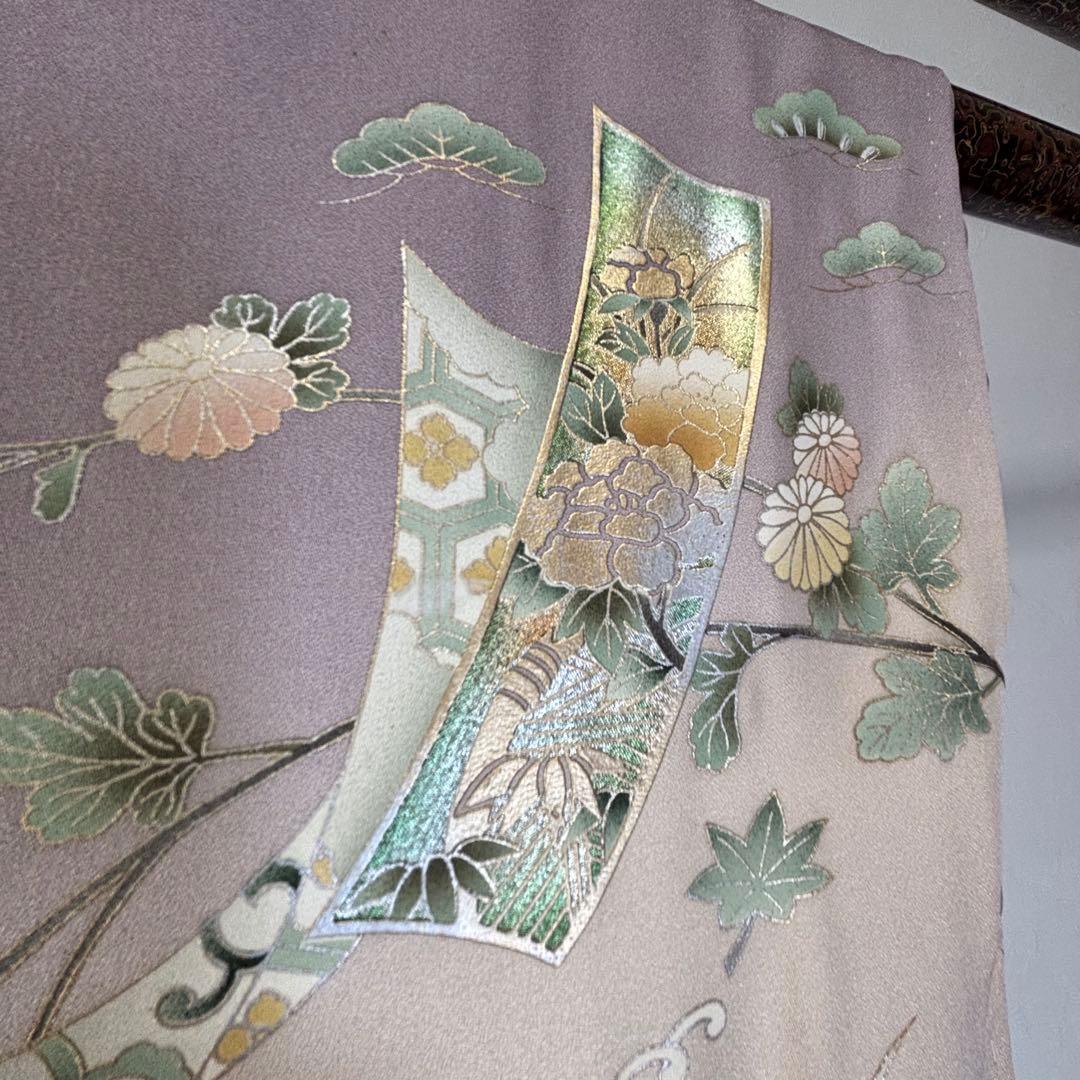 しつけ付　訪問着　広襟　正絹　袷　着物　現代　藤色　紫　薄紫　金彩　158裄64