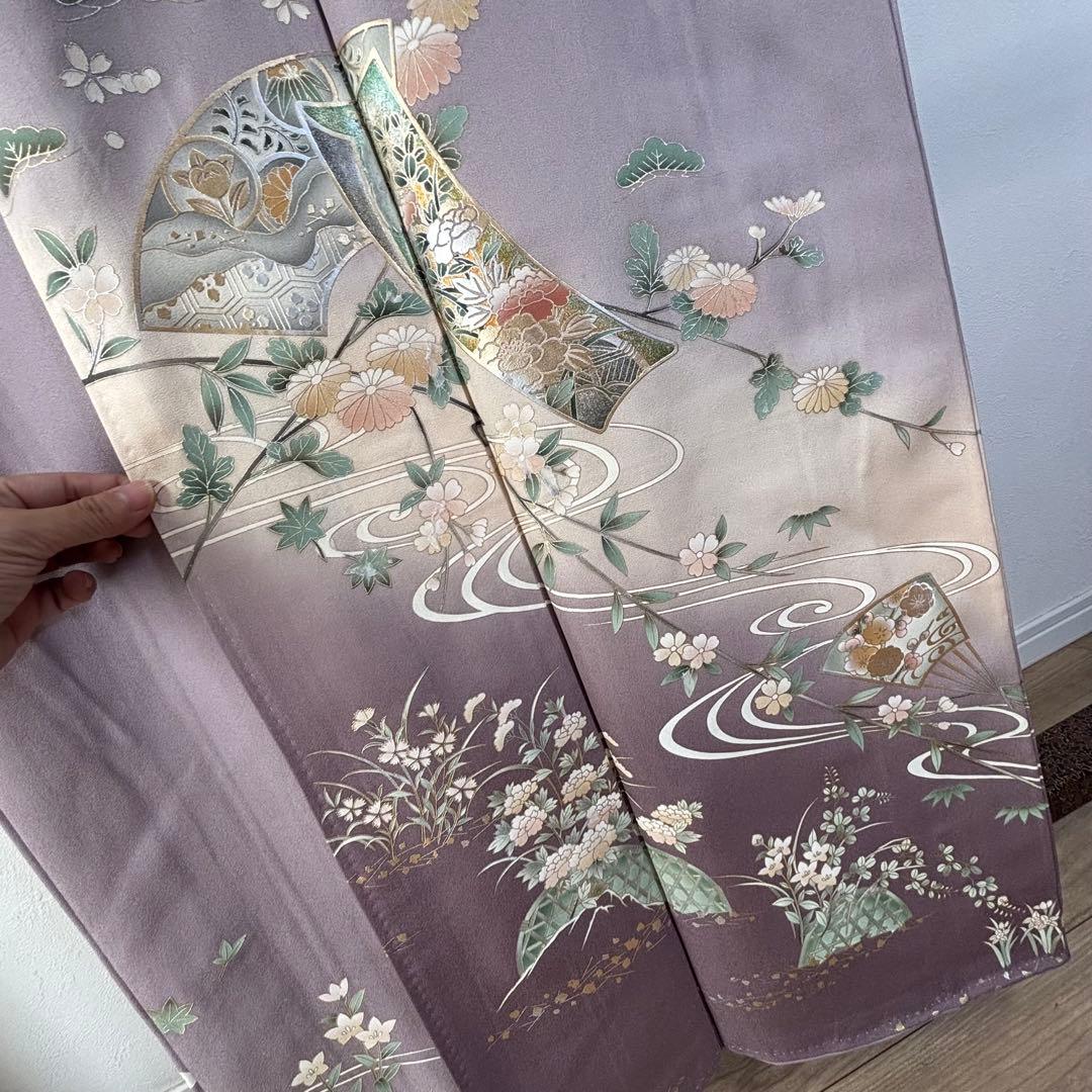 しつけ付　訪問着　広襟　正絹　袷　着物　現代　藤色　紫　薄紫　金彩　158裄64